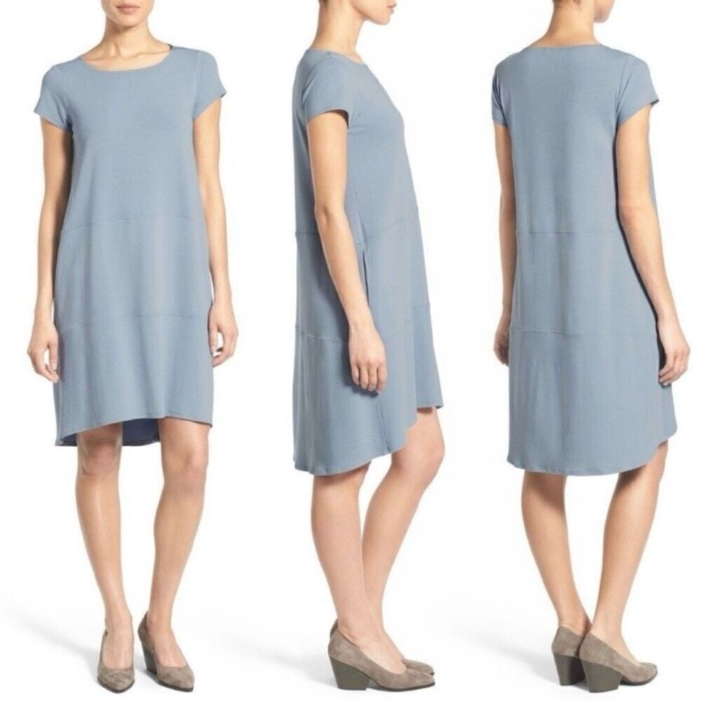 Eileen Fisher Bateau Neck Cap Sleeve Shift Dress Pockets Women Medium Blue